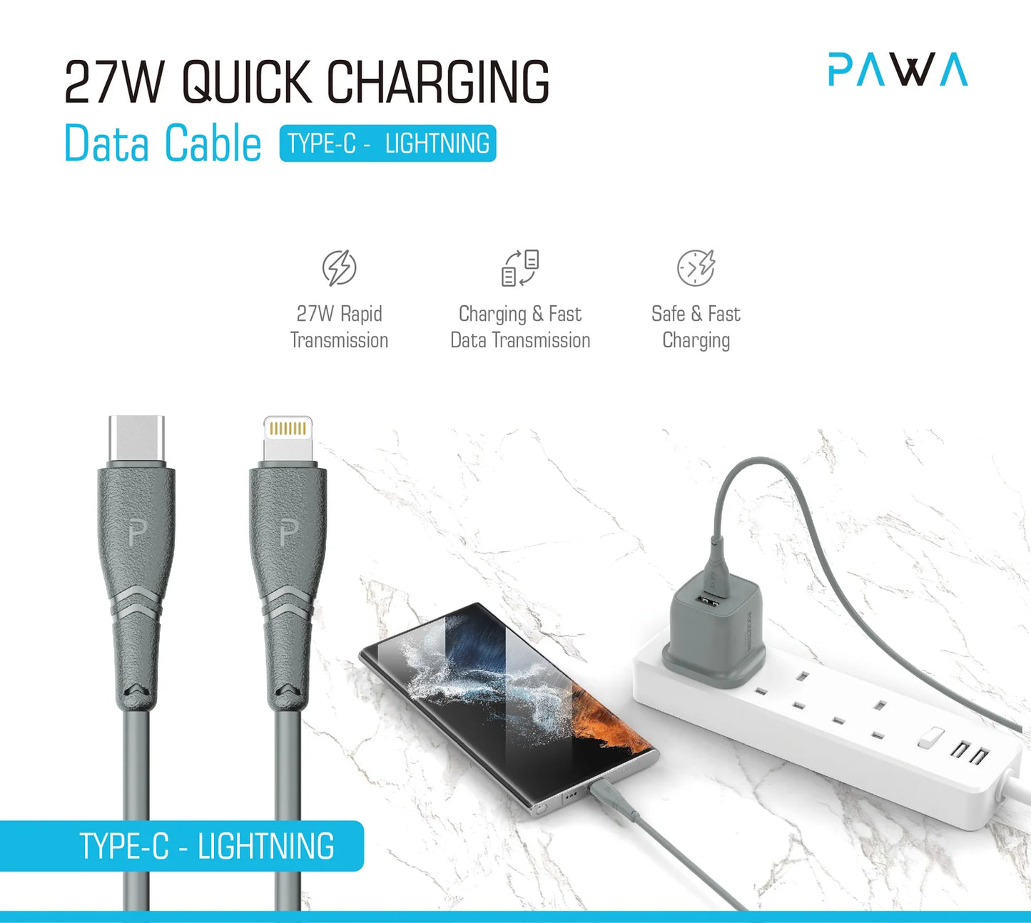 3A Quick Charging USB-A to Lightning PVC Cable 1.2m4ft Grey