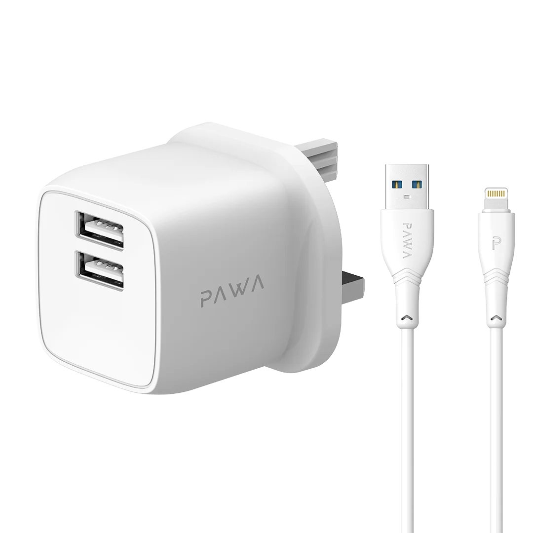 PocketMini Dual USB Travel Charger UK standard UAB-A to Lightning Cable