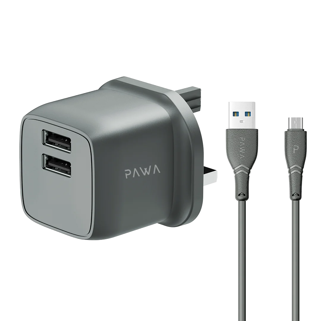 PAWA PocketMini Dual USB Travel Charger UK With USB-A to Micro Cable
