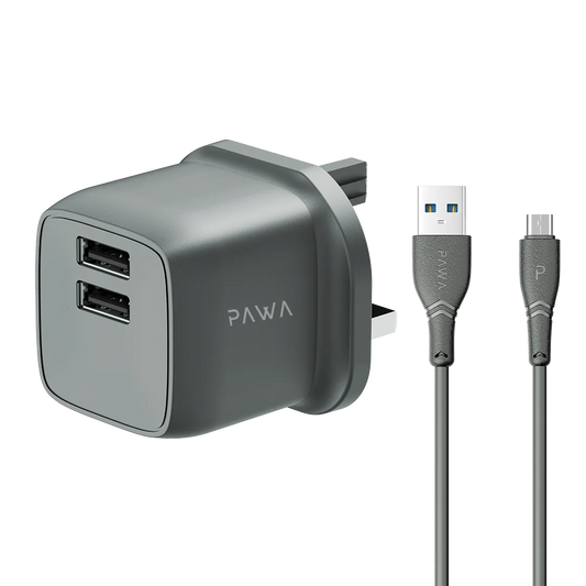 PAWA PocketMini Dual USB Travel Charger UK With USB-A to Micro Cable