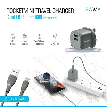 PocketMini Dual USB Travel Charger UK standard UAB-A to C-Type Cable