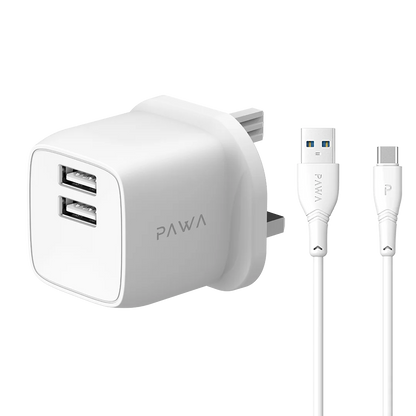 PocketMini Dual USB Travel Charger UK standard UAB-A to C-Type Cable