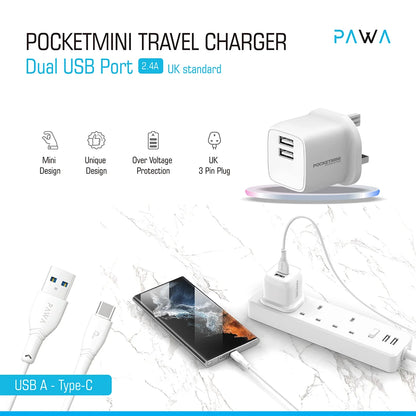 PocketMini Dual USB Travel Charger UK standard UAB-A to C-Type Cable